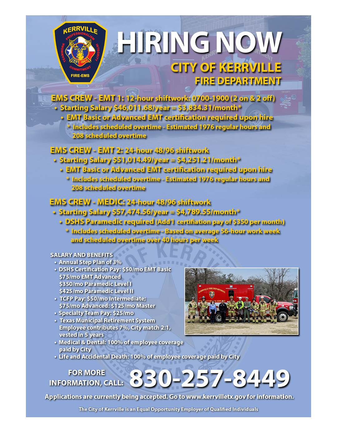 EMS Crew Help Wanted Flyer - EMS crew infron of EMS Truck