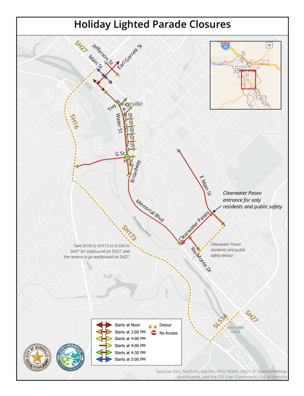 Holiday Lighted Parade Road Closure Map